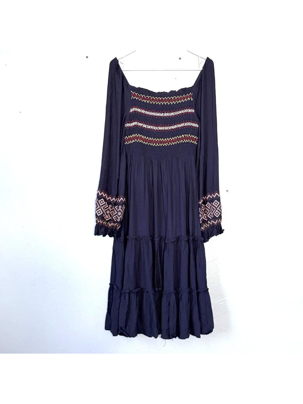 Hailey & Co Dress Large Blue Midi Tiered Smocked Boho Cottage Prairie Peasant